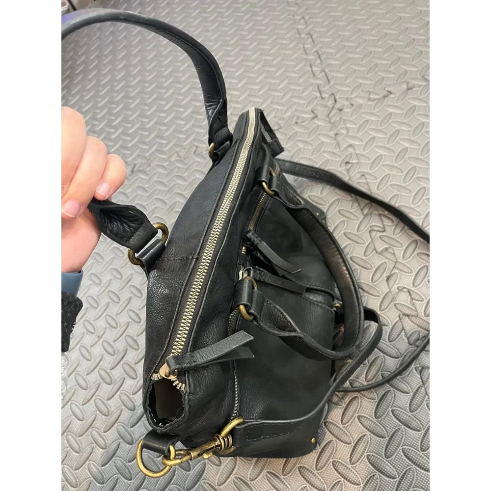 American Leather‎ Co Satchel Women Medium Black Leather Crossbody Bag Gold Tone